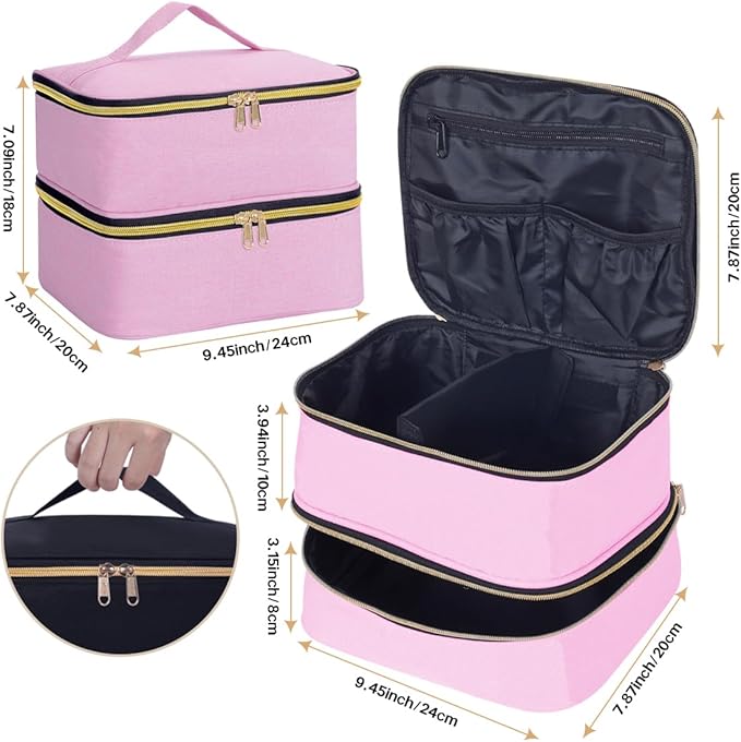 TANPADUAJI Double Layer Makeup Bag Portable Large Cosmetic Case Organizer with Adjustable Dividers Storage Travel Bag for Accessories Brushes Conditioner and Skin Care Products (Pink Gold)
