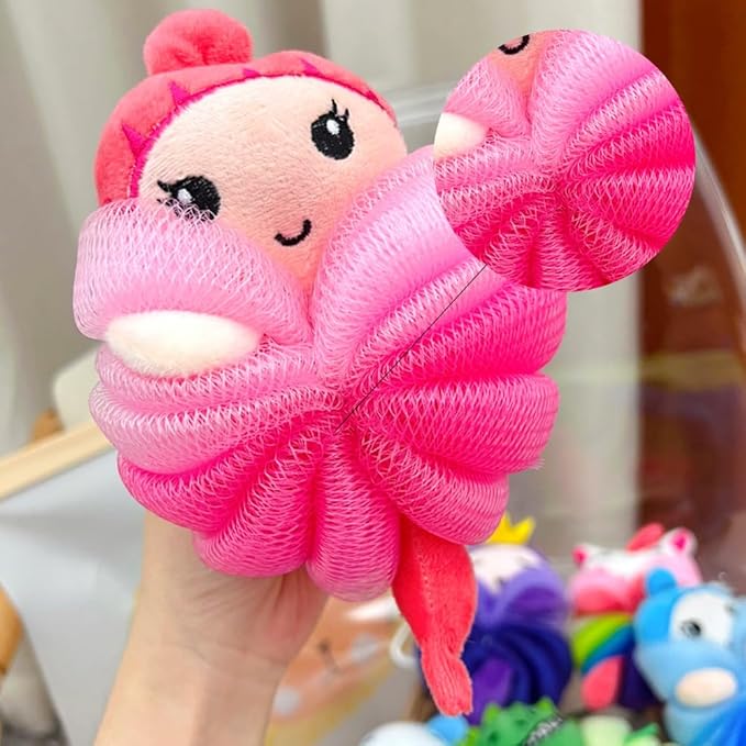 Bath Loofahs,Ttdesefu Kids Toddler Body Sponge Cute Cartoon Kids Loofah,Bath Sponge Shower Puff Soft Loofah Sponge Pouf Exfoliating Mesh Shower Ball (Animal，2 Pcs) (Dark Pink,Blue)