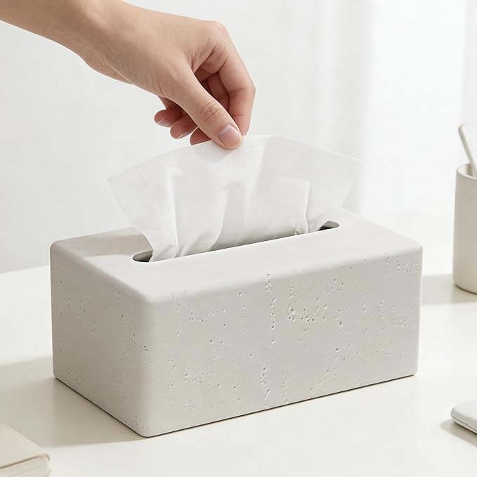 Tissue Box Cover Rectangle, Resin Decorative Facial Tissue Holder Covers Toilet Paper Holder Travertine Stone Look Paper Dispenser Home Decor for Bathroom Bedroom Living Room Office - Off White