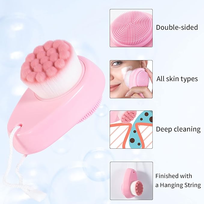Facial Cleansing Brush 2 in 1 for Face Exfoliation, 2 Pack Soft Microfiber Bristle Brush for Pore Deep Cleansing, Dual Face Silicone Scrubber Brush for Skincare with Lid, Pink