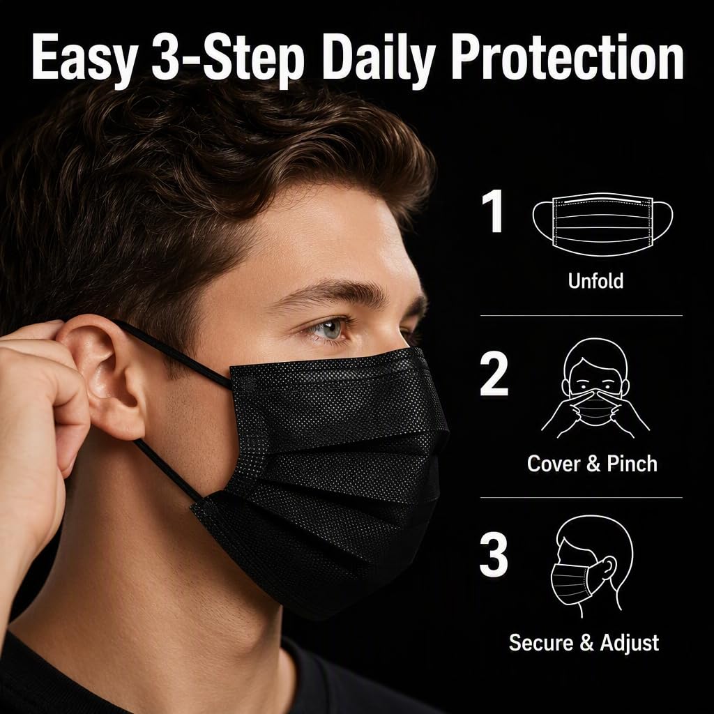 Hyegiir 500PCS Disposable Face Masks, Individually Wrapped, 3-Layer Non-Woven & Meltblown Blend, Black (500 Pack)