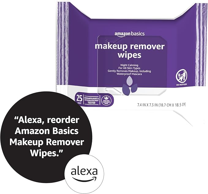 Amazon Basics Makeup Remover Wipes, Night Calming, Gentle Cleansing, Plant Based, Alcohol-Free, Removes Waterproof Mascara, Dermatologist Tested, 25 Count, 1-Pack
