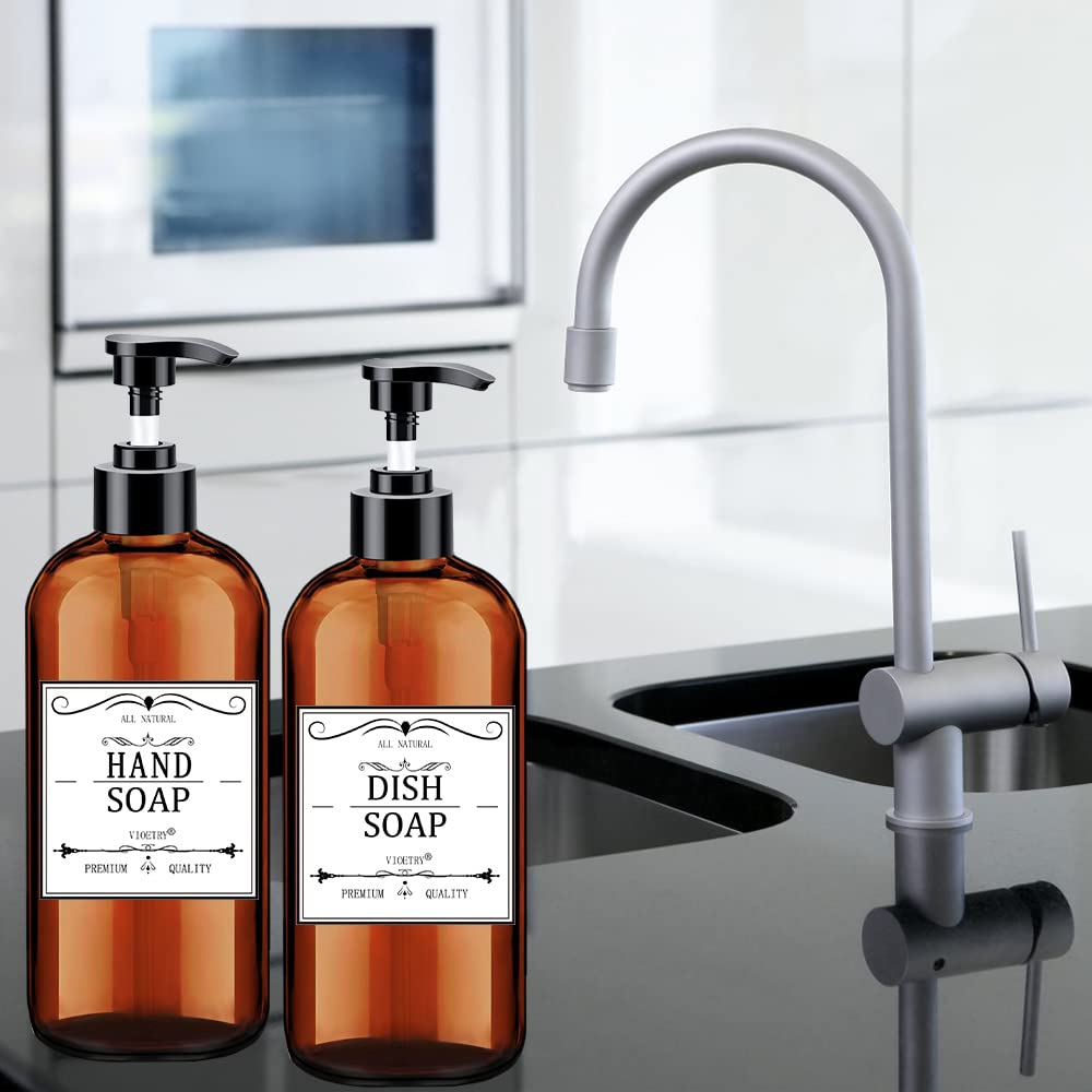 Soap Dispenser with Rust Proof Pump, Waterproof Labels (2 Pack,16 Oz) Bathroom, Plastic Hand Dish Soap Dispenser for Kitchen, Premium Thick Soap Pump Bottles (Amber)