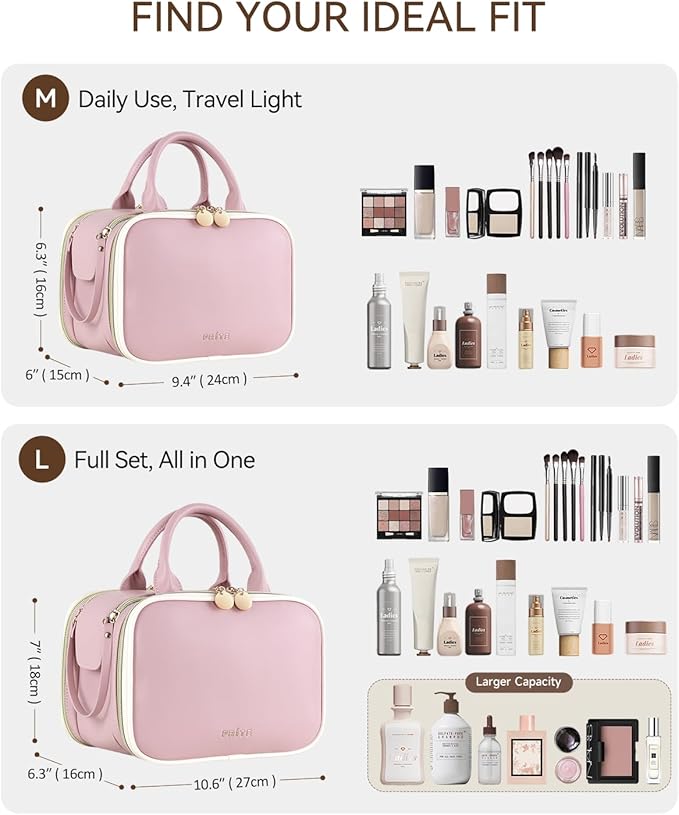Prite Makeup Bag for Women, Large Capacity Waterproof Travel Cosmetic Organizer, Portable Open Flat Toiletry Bag with Free-standing Brush Holder and Handle(Pink Large)
