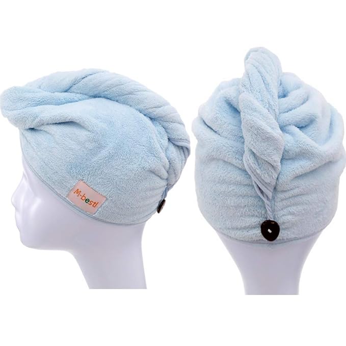 M-bestl 2 Pack Hair Drying Towels, Hair Towel Wrap,Absorbent Microfiber Hair Towel Turban with Button Design to Dry Hair More Quicker(Blue&Dark Gray)