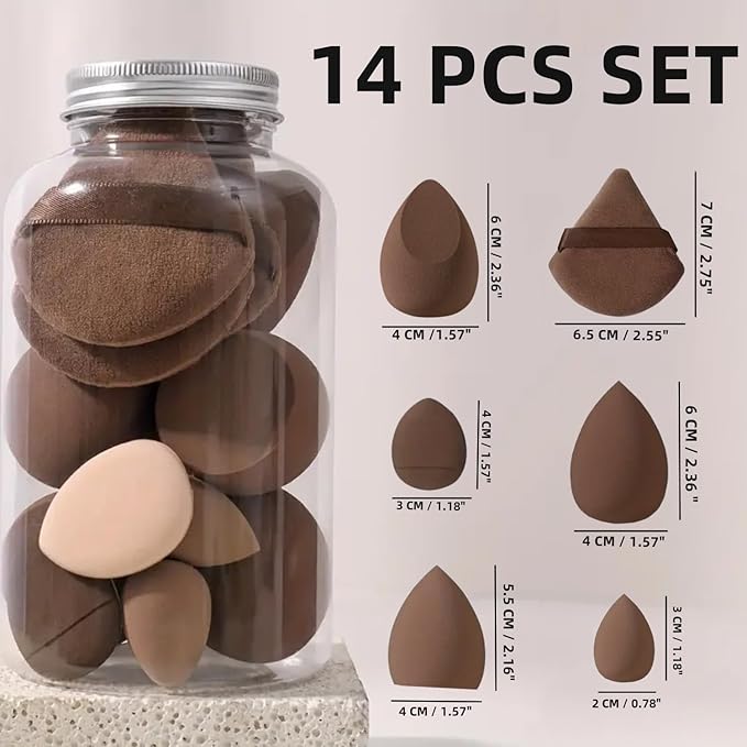 Beauty Blender Sponge Set 14PCS – Multi-Size Makeup Sponges for Foundation, Liquid, Powder - Triangle Puffs, Mini Beauty Blender, Thumb Powder Puff, Reusable & Wet or Dry Use (Brown)