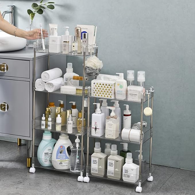 Chris.W Slim Storage Cart 3 Tier with Wheels, Clear Bathroom Cart Organizer, Mobile Shelving Unit Rolling Utility Cart, Slide Out Organizer for Kitchen, Bathroom, Laundry, Narrow Places, Office - 8" W