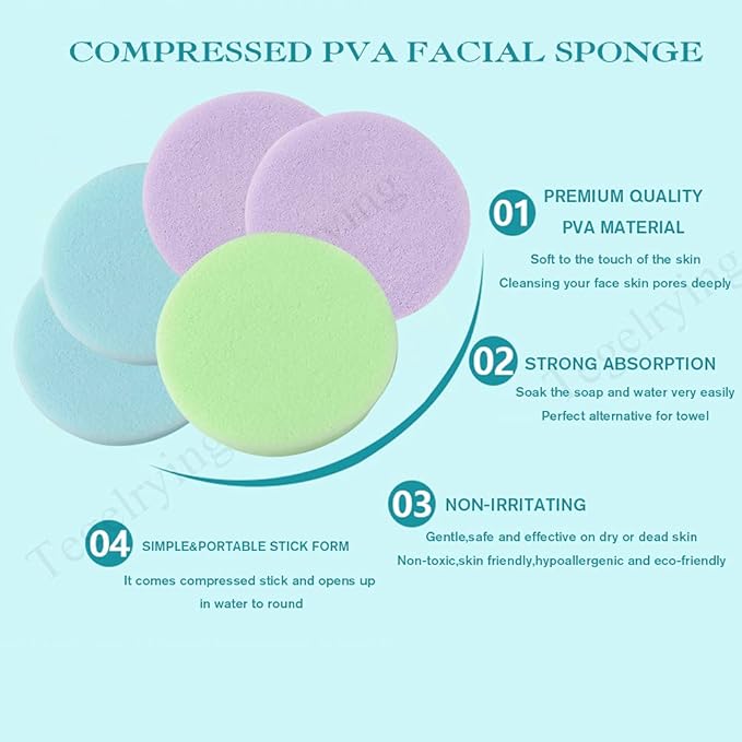 Facial Sponge Compressed,120 Count PVA Professional Makeup Removal Round Face Wash Sponges Spa Pads Exfoliating Cleansing for Women,Blue,Purple,Green