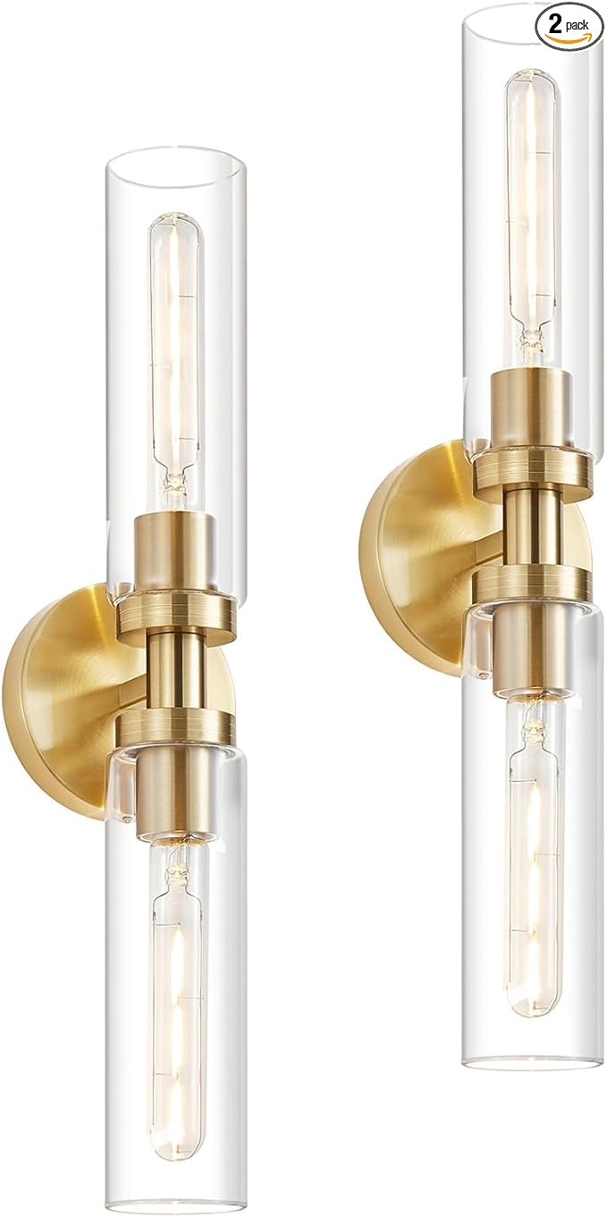 2 Light Bathroom Wall Sconce Set of 2,Modern Farmhouse Brushed Brass Gold Bathroom Light Fixture Over Mirror with Clear Glass Shade,Vanity Light for Hallway Cabinet Bedroom Stairway Porch
