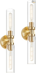2 Light Bathroom Wall Sconce Set of 2,Modern Farmhouse Brushed Brass Gold Bathroom Light Fixture Over Mirror with Clear Glass Shade,Vanity Light for Hallway Cabinet Bedroom Stairway Porch