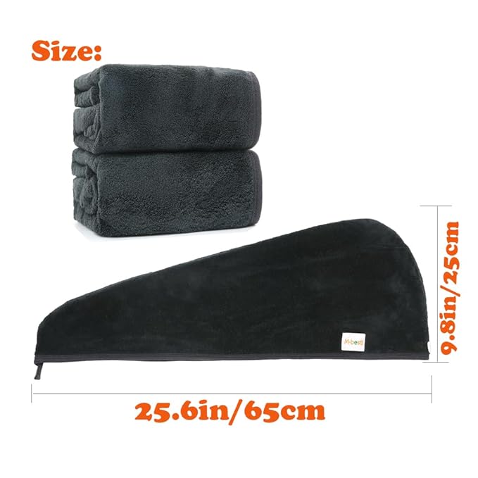 M-bestl 2 Pack Microfiber Hair Towel Wrap,Hair Drying Towel with Button,Absorbent and Anti-frizz Head Towel to Dry Curly or Straight Hair Quickly (Black)