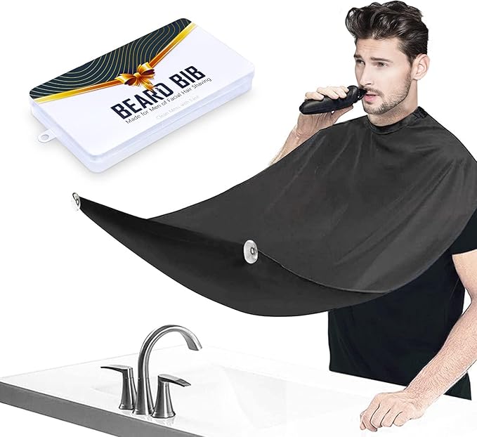 Beard Bib Apron for Men - Beard Trimming Catcher for Shaving with 5Pcs Eyebrow Facial Razors & 3 Suction Cups Waterproof Non-Stick Hair Catcher Grooming Cloth Gifts for Men Him Boyfriend