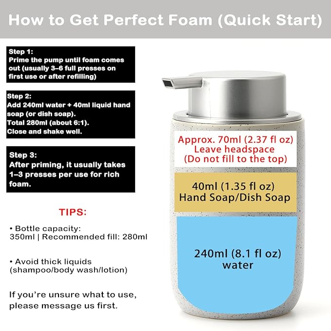 GIRLUFO Gray Foaming Soap Dispenser,Ceramic Foam Dispenser with Silver Plastic Pump for Bathroom&Kitchen,12oz Refillable Foaming Dispenser