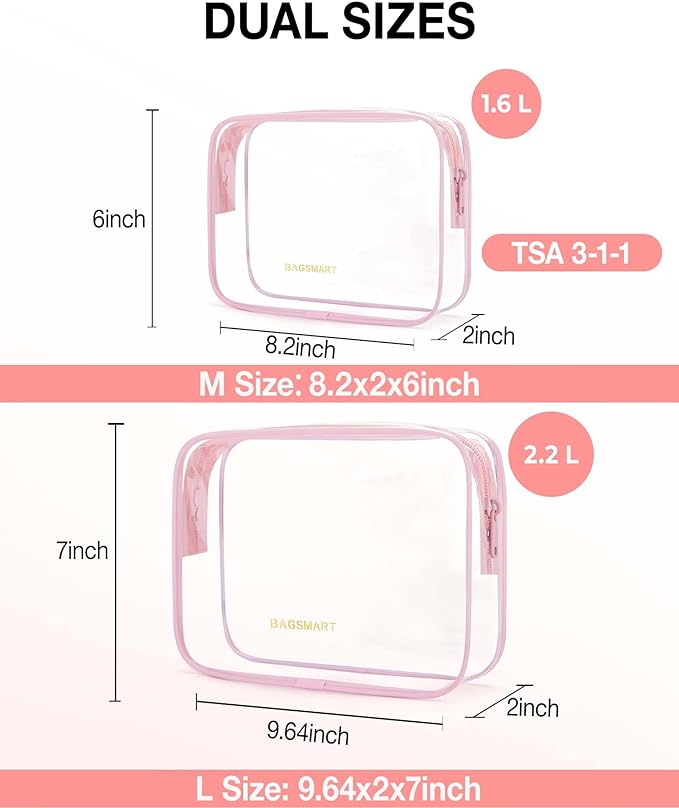 BAGSMART Clear Toiletry Bag 2-Pack TSA Approved Water-Repellent, Pink