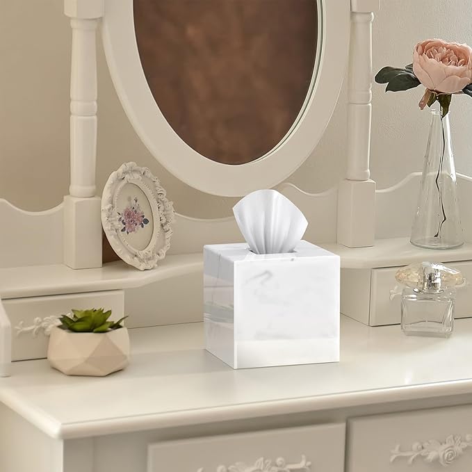 SILUT Stylish Tissue Box Cover Square, Marble Texture Tissue Box Holder, Decorative Tissue Holder for Bathroom, Kitchen, Vanity, Modern Tissues Organizer for Home, Hotel