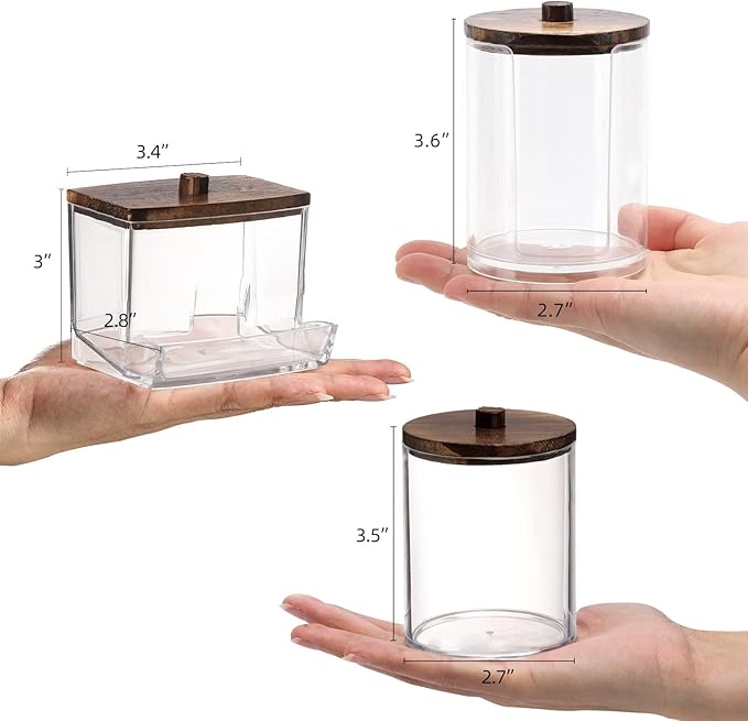 Tbestmax 4 Pack Qtip Holder Dispenser, 10/7oz Bathroom Container for Cotton Ball Cotton Swabs Pads, Apothecary Jar with Wood Lids for Organizer and Storage (Brown)