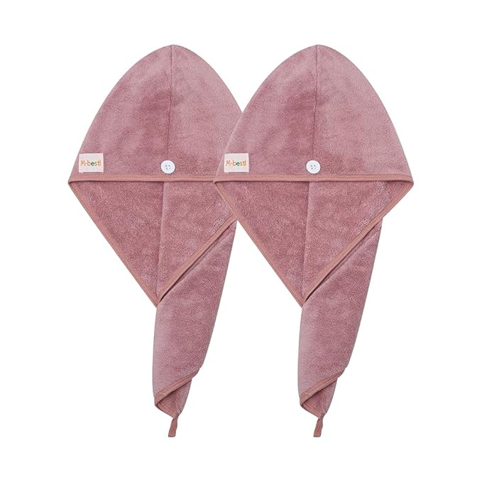 M-bestl 2 Pack Microfiber Hair Towel Wrap,Hair Drying Towel with Button Design,Head Towel to Dry Curly Hair Quickly (Bean Pink)