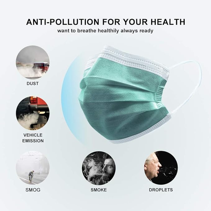 4 Ply Disposable Face Mask Protective(50PCS), Elastic Earloops, Single Use- Green