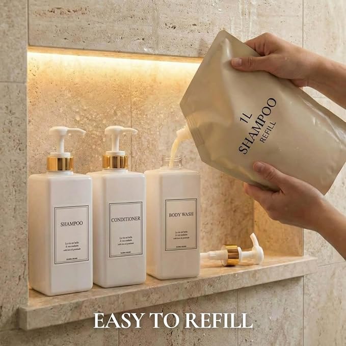 Modern Gold Design Shampoo and Conditioner Dispenser - Large 27oz Shower Soap Dispenser, Set of 3 Refillable Empty Plastic Pump Bottles for Bathroom and Body Wash (6 Waterproof Labels Included), White