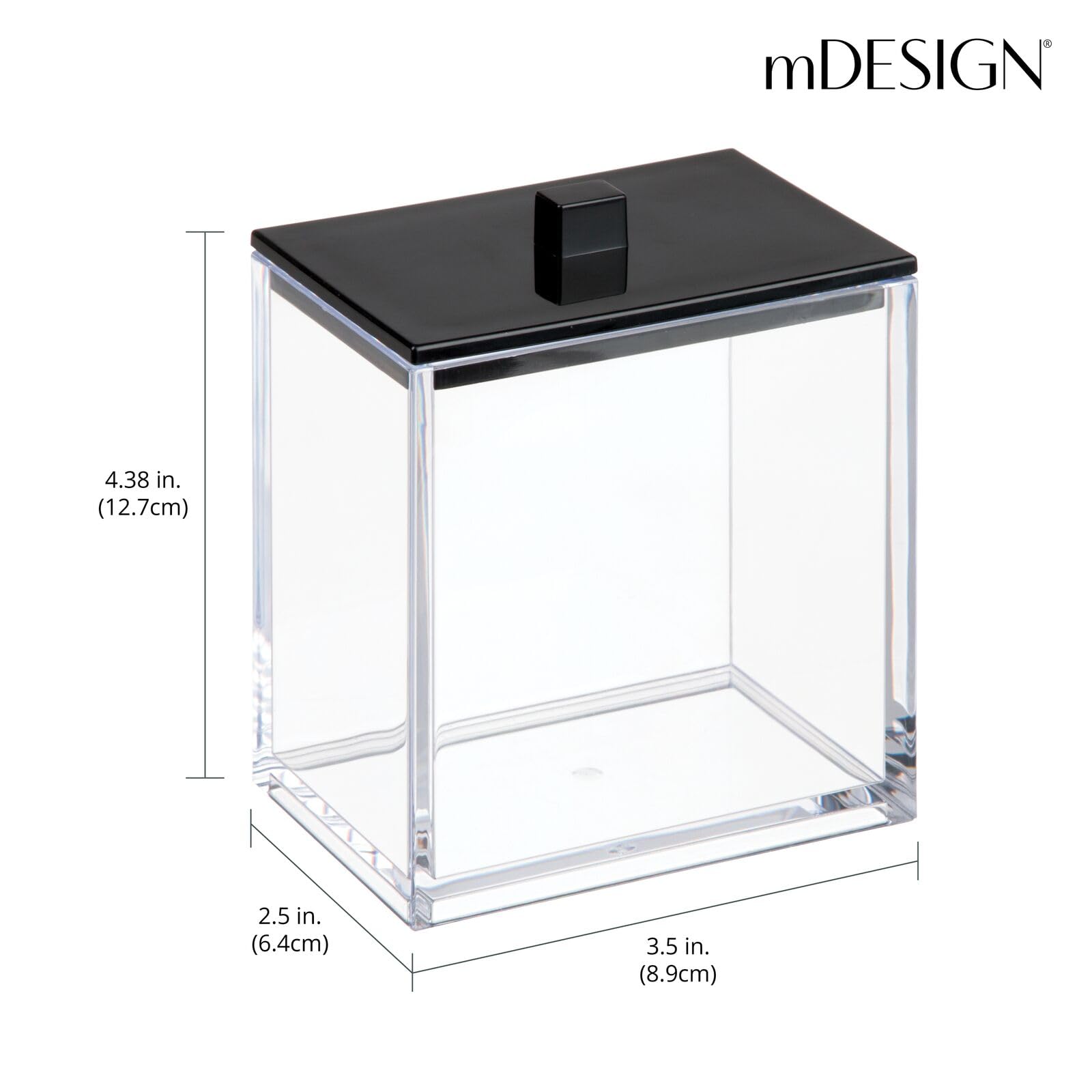 mDesign Plastic Rectangle Apothecary Canister - Organizer for Bathroom Vanity Countertop Shelf Decor - Holds Cotton Swabs, Soap, Makeup, Bath Salts - Lumiere Collection - 2 Pack - Clear/Black