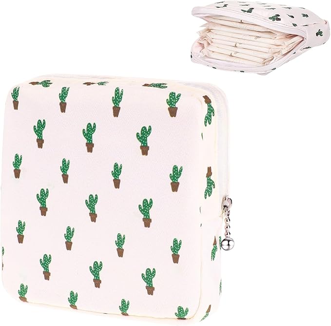 OLLBIT Sanitary Napkin Storage Bag,Period Bag,Portable Period Bag for Teen Pads Sanitary Napkins Small Tampons First Period Gifts for School Hygiene Bags Travel Containers (Cactus)