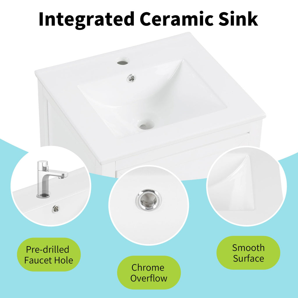 Bellemave 20-inch Solid Wood Bathroom Vanity with Sink, Free Standing Cabinet, Soft Closing Door, Storage Rack, Drawer (White)