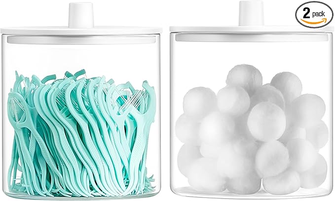 TIPGO Glass Qtip Holder Dispenser - 24 oz Clear Canister Jar, Bathroom Vanity Storage Organizer for Cotton Swabs, Pads, Floss Picks, Small Containers for Makeup Storage (White)