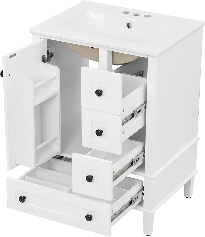 Bellemave 24" Bathroom Vanity with Sink Combo Set, Solid Wood Frame Bathroom Storage Cabinet with 3 Drawers, Soft Closing Cabinet Door with Organizer, White
