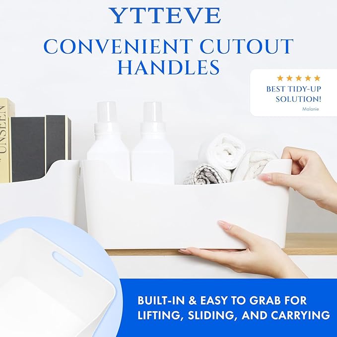 Ytteve Medium 8-Pack White Plastic Storage Bins - 9.5"x6.7"x4.1" Shelf & Cabinet Organizer Bins for Closet, Kitchen Pantry, Bathroom, Office