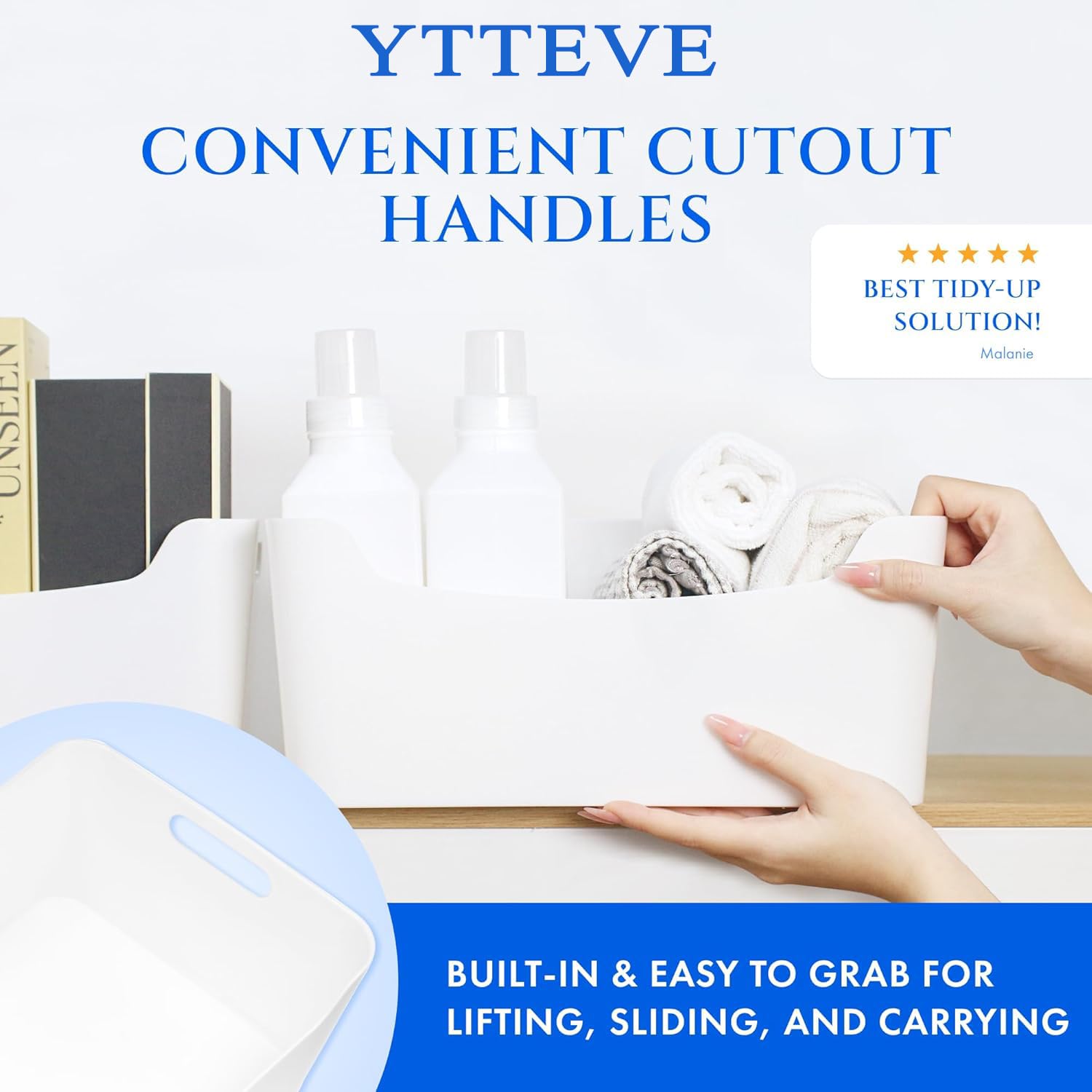 2 Pack Large Plastic Storage Bins with Handles, Versatile 13.7x10.2x5.7 Inch White Organizer Containers for Kitchen, Pantry, Closet, Bathroom, Office, Cabinet, Drawer, Snack, Toy & Makeup Organization