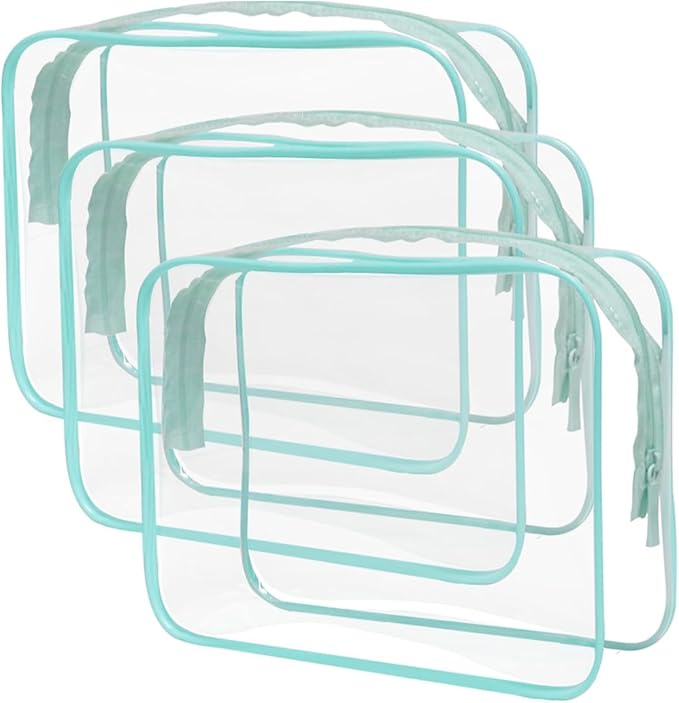 Buminee Clear Travel Bags for Toiletries, Makeup Bags, Cosmetic Bags, 6.3" x1.77" x5.1" Plastic Toiletry Bag, Clear Pouch, Cosmetic Bag for Women and Men-3 Pack Blue