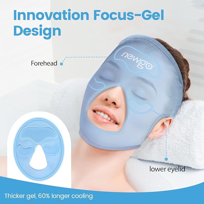 NEWGO Ice Face Mask & Cooling Eye Mask for Puffy Eyes – Reusable Gel Hot/Cold Therapy with Thick Gel Pad in Forehead & Eye Zones for Migraine Relief, Post-Surgery Swelling, Allergy, Headaches