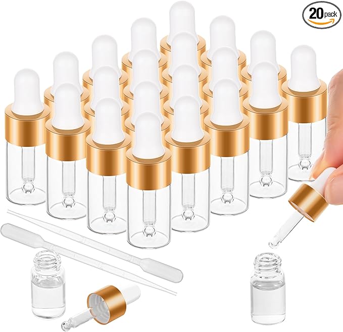 COTOM 20 Pack Mini Dropper Bottle for Cuticle Oil, 3ml Small Sample Essential Oil Dropper Bottles for Travel, Clear Empty Vails for Cosmetic Perfume