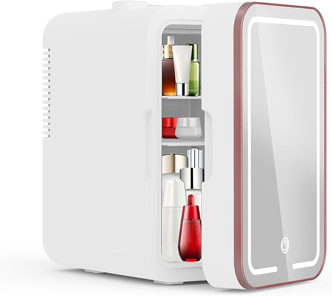 YLFU Mini Fridge for Bedroom, 6L Skincare Fridge with LED Mirror for Dorm & Office, Portable Cooler & Warmer Small Compact Refrigerator for Skincare, Makeup and Cosmetics