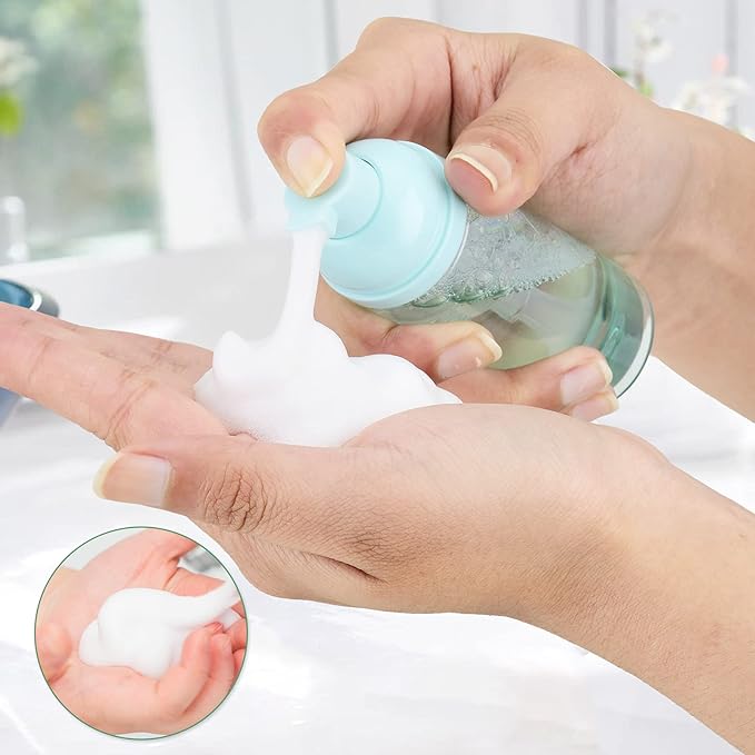Owlyee Travel Foam Pump Bottle - 2oz Small Size Foaming Hand Soap Dispenser - Mini Portable Mousse Lash Shampoo Kit Container for Hair - Empty Leak Proof Plastic Green Foamer for Liquid Toiletry 3Pack