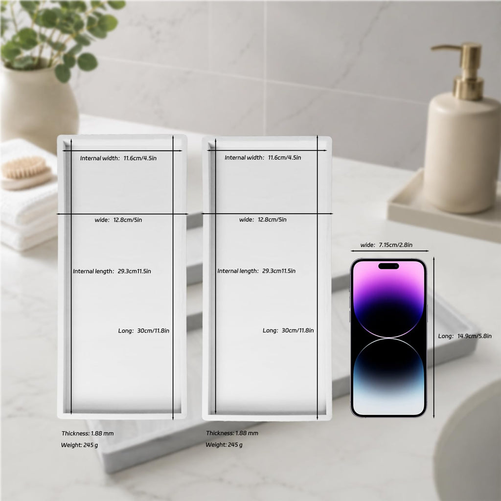 BBK Bathroom Vanity Tray 11.8 in- 2 Pack(Large) Silicone Bathroom Tray for Counter, Perfume Key Trinket Ring Tray, Decor Soap Dispenser Countertop Tray for Kitchen Sink Organization(Faux Marble Look)