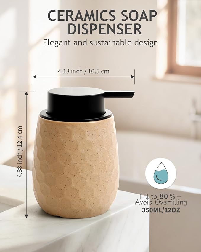 Soap Dispenser, 12OZ Ceramic Liquid Hand Soap Dispenser with Honeycomb Design for Kitchen or Bathroom, Khaki Refillable Dish Lotion Dispenser, ANTIS'S HOME