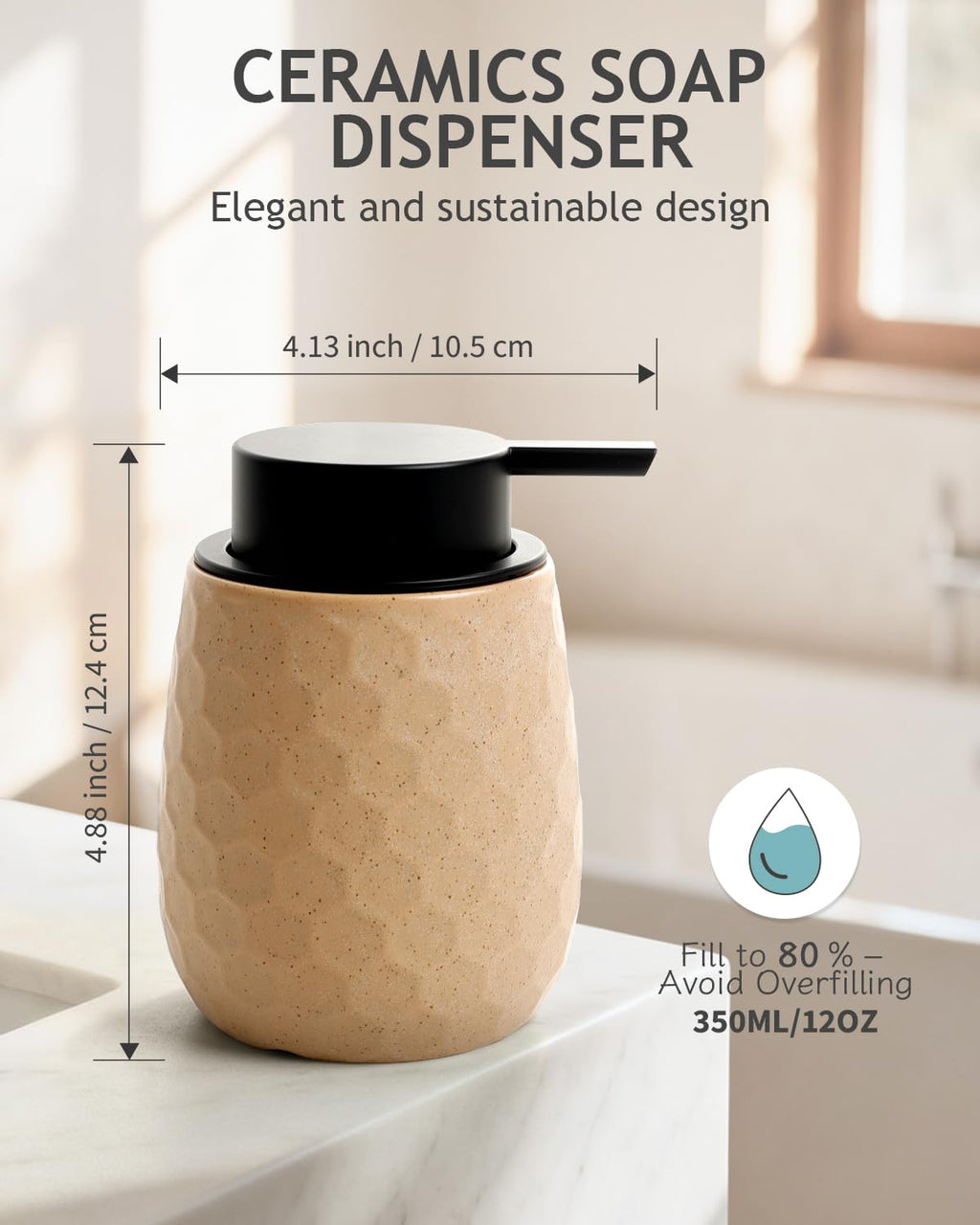 Soap Dispenser, 12OZ Ceramic Liquid Hand Soap Dispenser with Honeycomb Design for Kitchen or Bathroom, Khaki Refillable Dish Lotion Dispenser, ANTIS'S HOME