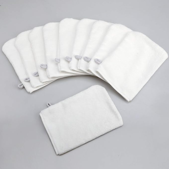 PHOGARY 10 Pack Microfiber Body Wash Mitts, Soft Face Mitten, Bath Spa Cloth, Reusable Makeup Remover Mitt Gloves, European Style Wash Cloth, 6×8 inch (White)