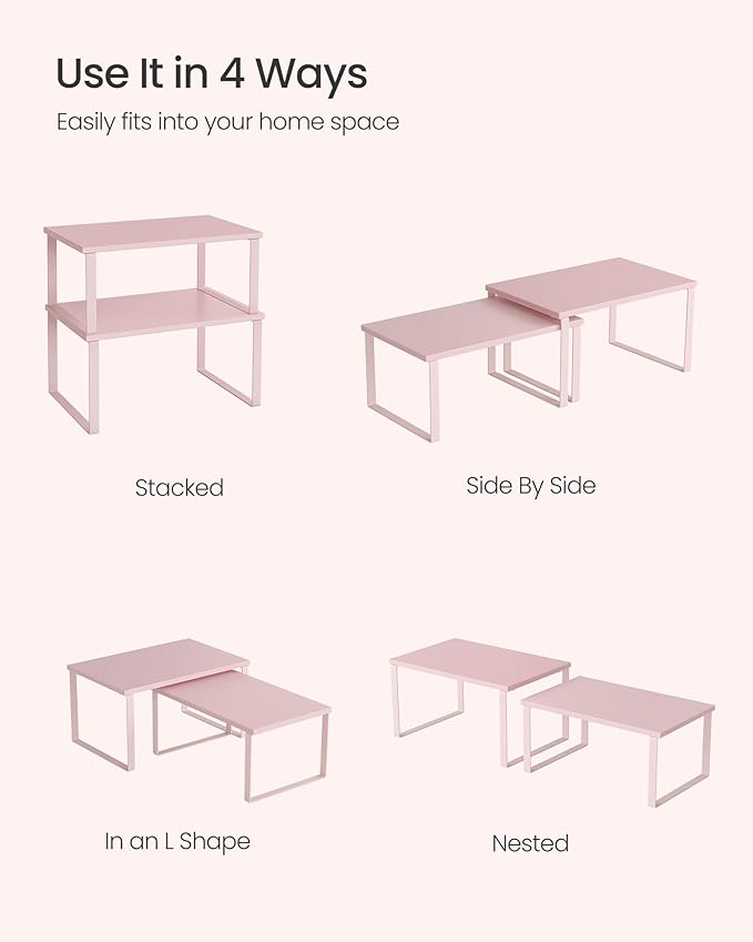 SONGMICS Cabinet Organizer Shelf, Set of 2 Kitchen Counter Shelves, Kitchen Storage, Spice Rack, Stackable, Expandable, Metal and Engineered Wood, 11.7 Inches, Jelly Pink UKCS020S01