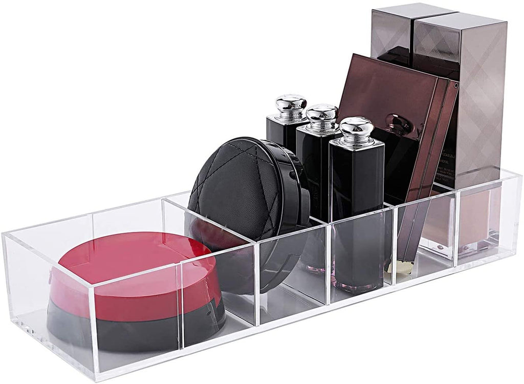 KW Collection Acrylic Makeup Organizer Cosmetic Storage Makeup Display Case Lipstick Holder Dispenser Adjustable Canister Bathroom Container (10 x 3.4 x 1.9 inches, 6 Partitions, Transparent)