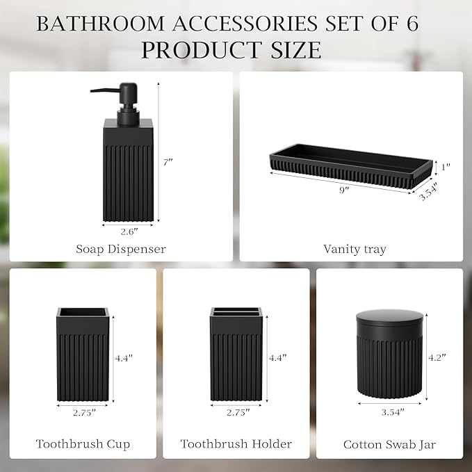InnJoey 6-Piece Black Bathroom Set - Sleek Resin Organizer with Soap Dispenser, Toothbrush Holder, Vanity Tray, Tumbler & Apothecary Jars for Small Spaces