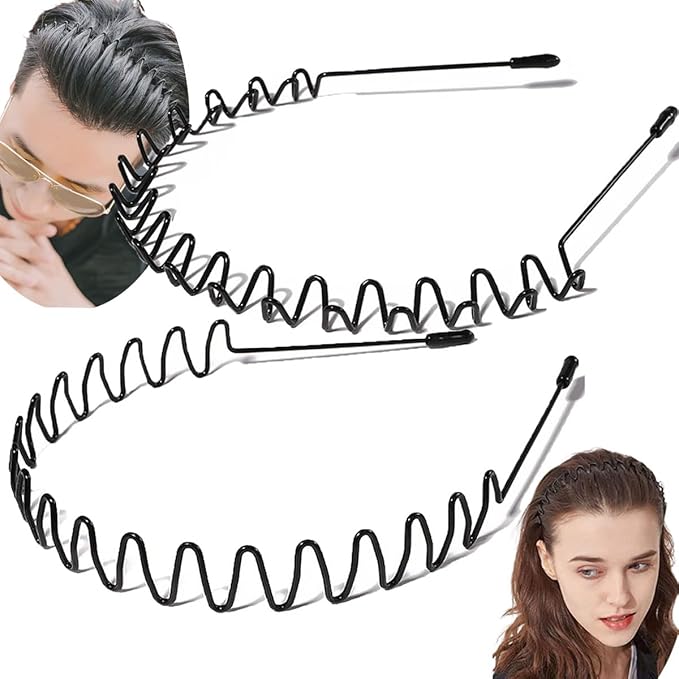 Vrose Flosi 2-Pack Metal Headbands for Men & Women - Zig Zag & Wavy Hair Bands for All Hair Types Safe Ball-End Tips & Thickened Electroplating - Hair Styling Accessories for Face Washing GYM Running