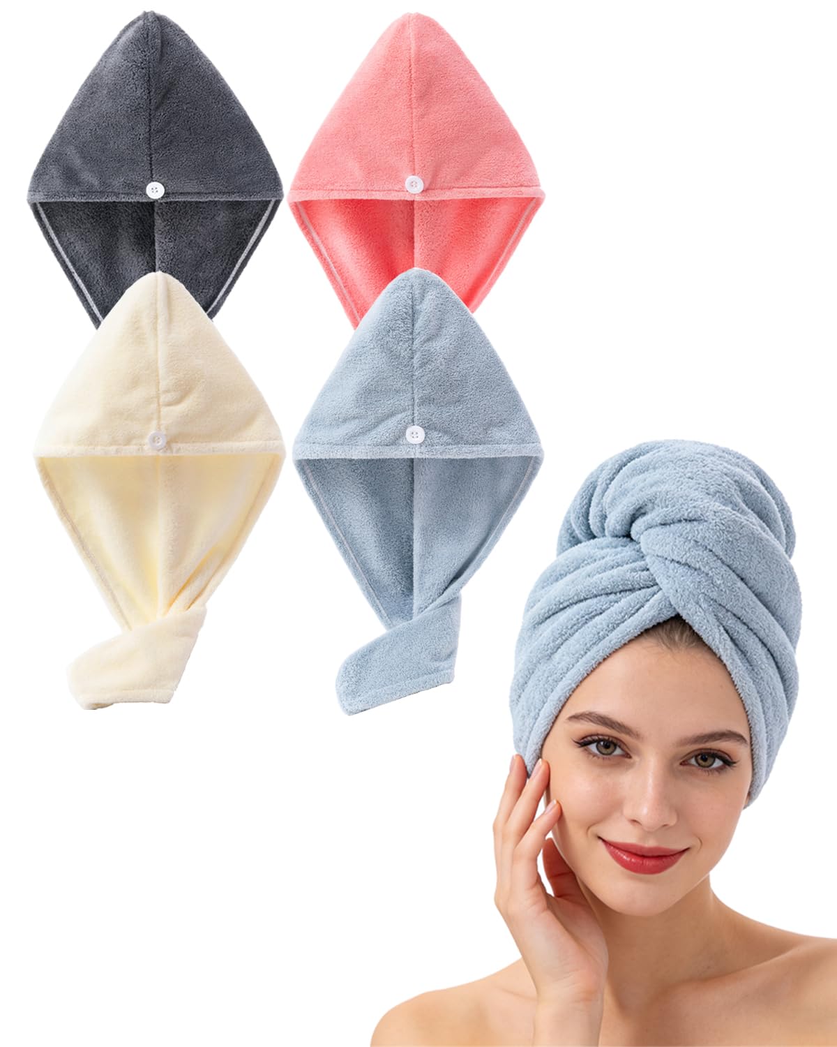 Lumimi Luxury Microfiber Hair Towel Gift Set 6 Pack with Button Closure