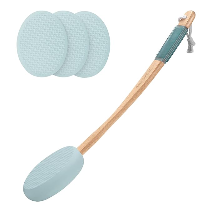 AmazerBath Lotion Applicator for Back, Feet, 4 Replaceable Pads with Long Handle, Back Sunscreen Applicator for Elderly, Women, Apply Cream Medicine Skin Cream Moisturizer Sunscreen Tanner, Blue