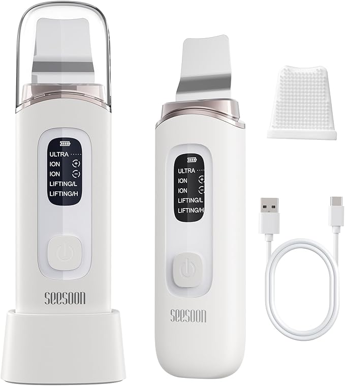 SEESOON Face Scrubber Exfoliator, Skin Scrubber Face Spatula, 4 Modes Blackhead Remover Tools for Facial Deep Cleansing with LCD Display, IPX7 Waterproof-White