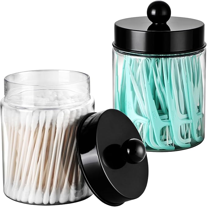 3PC Farmhouse Decor Qtip Holder Apothecary Jars Bathroom Vanity Storage Organizer -Countertop Canister Container &Cute Stickers for Cotton Swab, Ball,Pad,Floss ,Paper Clips (Black，Plastic)