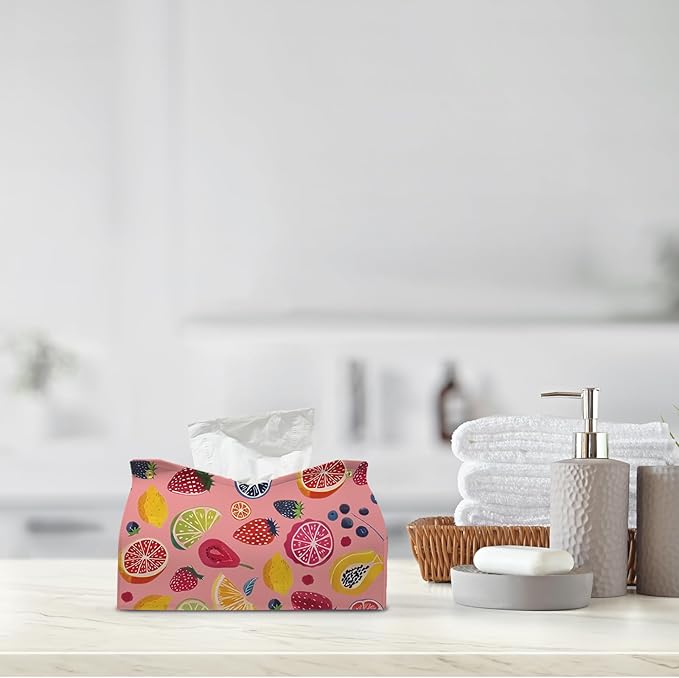 Pink Cute Fruit Tissue Box Cover Rectangle,Summer Cottagecore Strawberry Toilet Paper Box Holder,Leather Decorative Facial Paper Case for Living Room Bathroom Kitchen Office Desk,9.8x5.9x5.9In