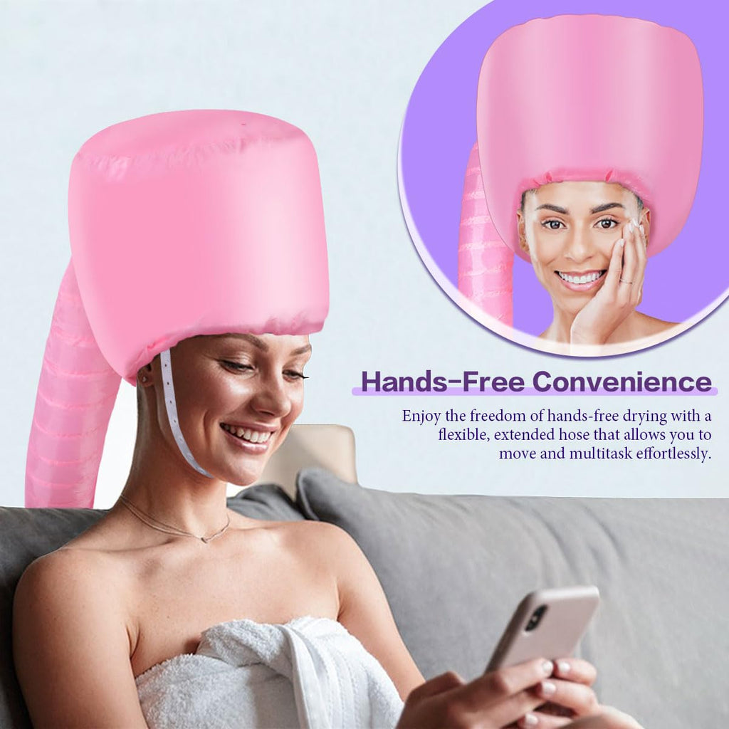 Hooded Hair Dryer Bonnet - Fast-Drying Bonnet Hair Dryer for Natural Hair, Deep Conditioning, Styling, & Curl Enhancing - Adjustable Fit, Heat Distribution, Portable & Lightweight for Travel（Pink）