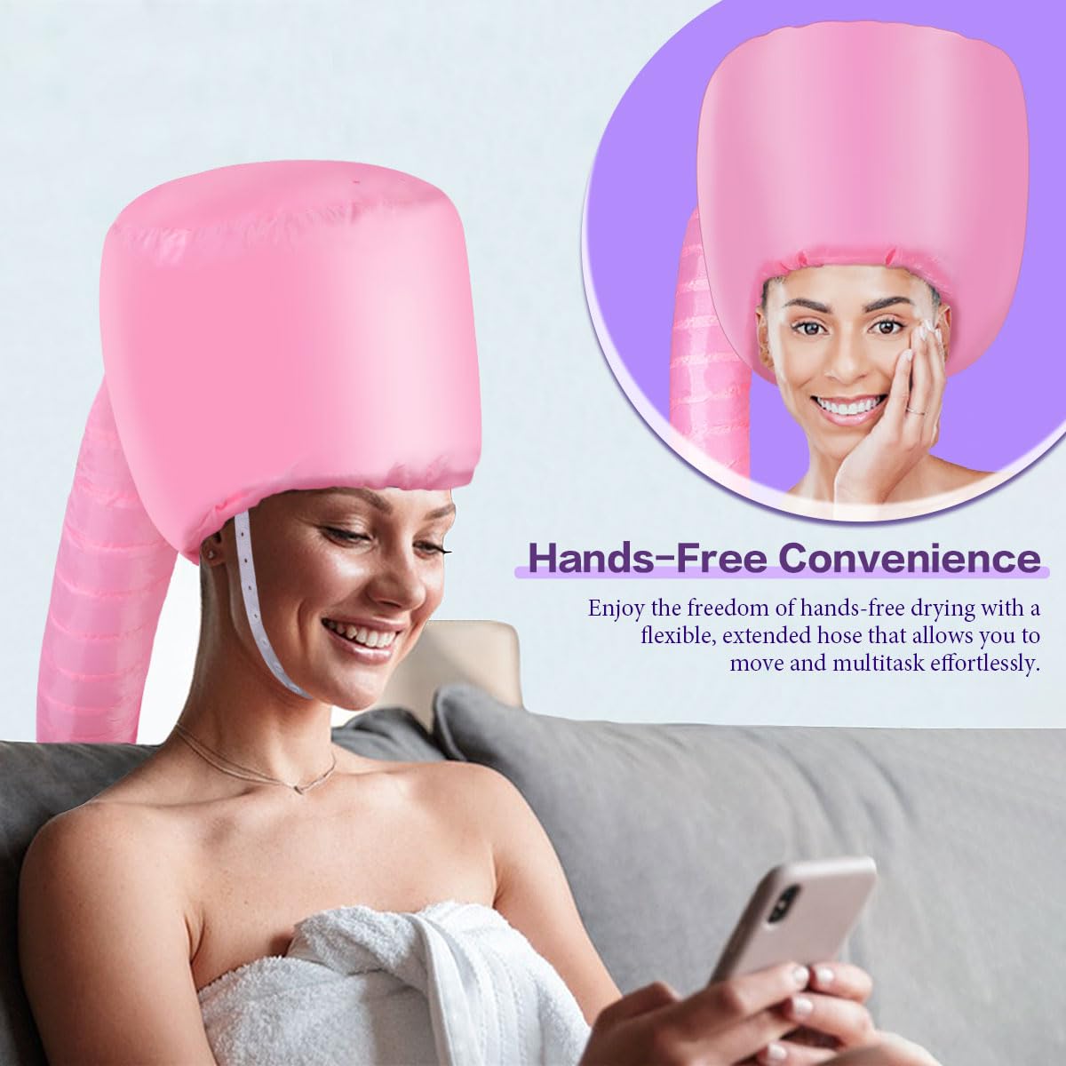 Hooded Hair Dryer Bonnet - Fast-Drying Bonnet Hair Dryer for Natural Hair, Deep Conditioning, Styling, & Curl Enhancing - Adjustable Fit, Heat Distribution, Portable & Lightweight for Travel（Pink）
